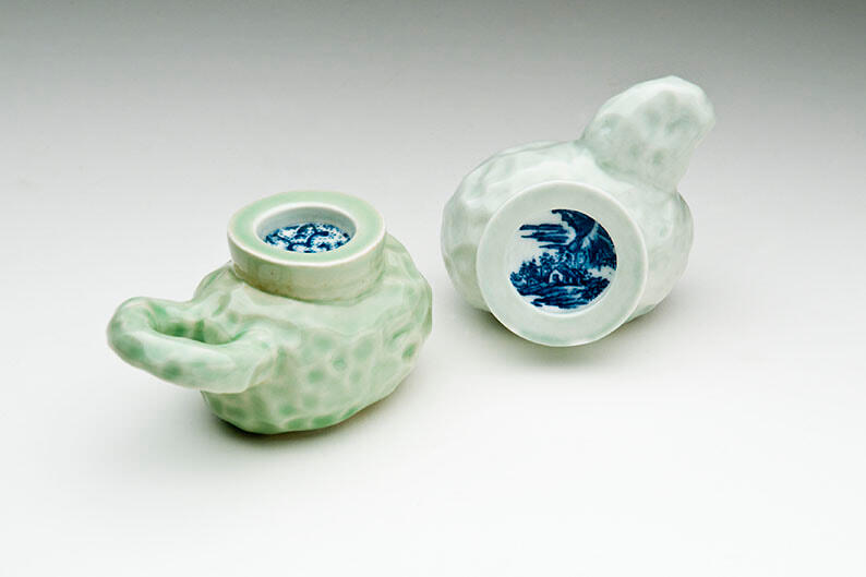 Jingdezhen porcelain & tissue transfers, inspired by hand held devices: Tamagotchi & cameras